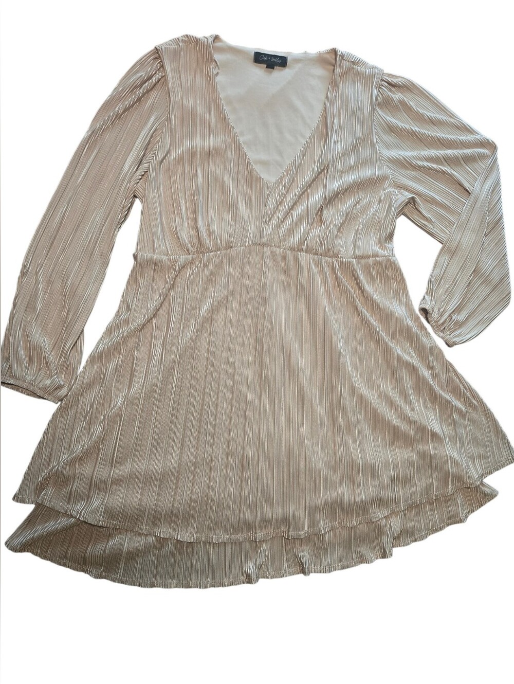 Womens Pleated Ruffle Bishop Sleeve V-Neck Ivory Cream Dress, 3XL, Formal Fancy